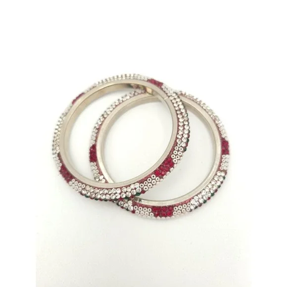 Vintage Bangle Bracelets 2pc Red & Green Rhinestones White Beads Holiday Jewelry - Picture 1 of 6